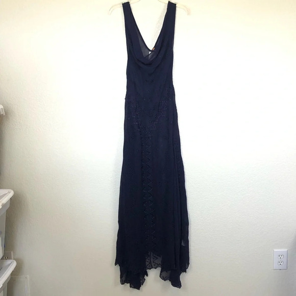 Free People Yours Truly Navy Embroidered Cowl Neck Sheer Maxi Slip Dress Small - Picture 3 of 12